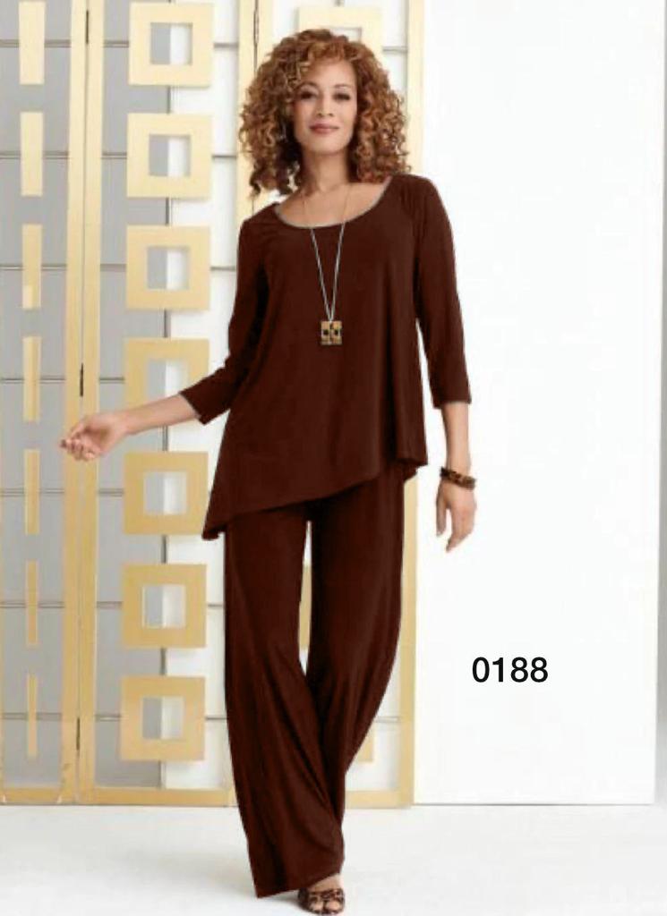 Komplet bluzka i spodnie ALMA F18/4 – wyrafinowany look do biura i na wolny czas, rozmiary od 38 do 60