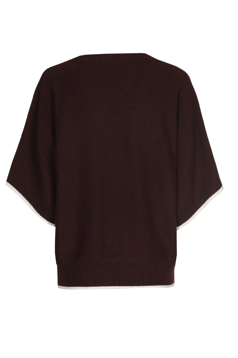 Luźny brązowy sweter w serek z krótkim rękawem nietoperz