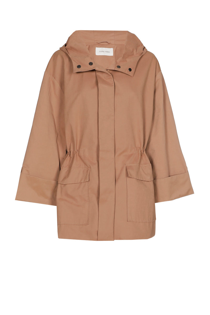Parka do połowy uda w kolorze camel z odpinanym kapturem