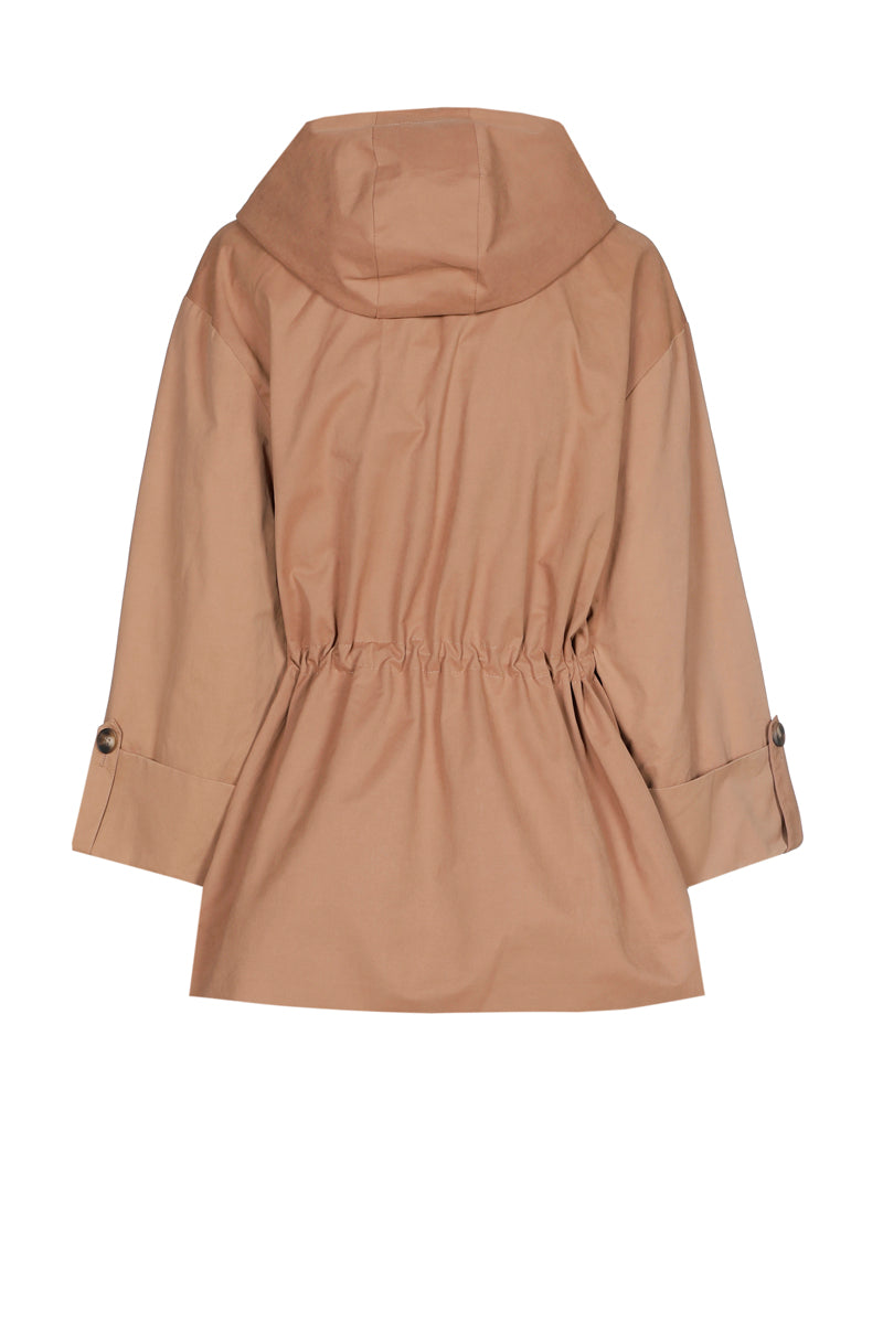 Parka do połowy uda w kolorze camel z odpinanym kapturem