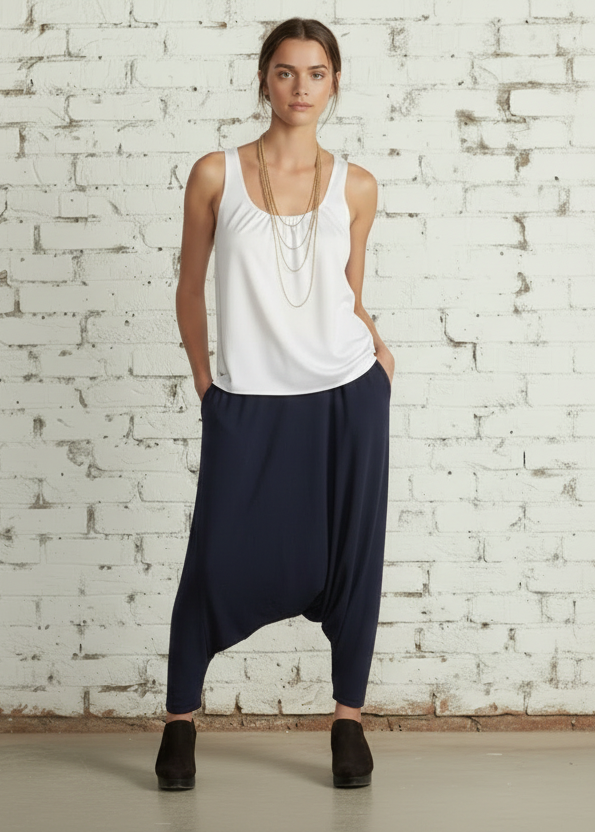 Spodnie KORA w stylu szarawarów, luźny wygodny krój, Made in Italy z elastanem, rozmiary 38–60