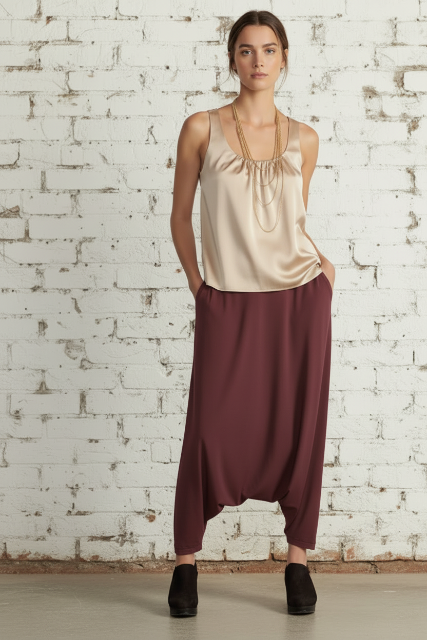 Spodnie KORA w stylu szarawarów, luźny wygodny krój, Made in Italy z elastanem, rozmiary 38–60