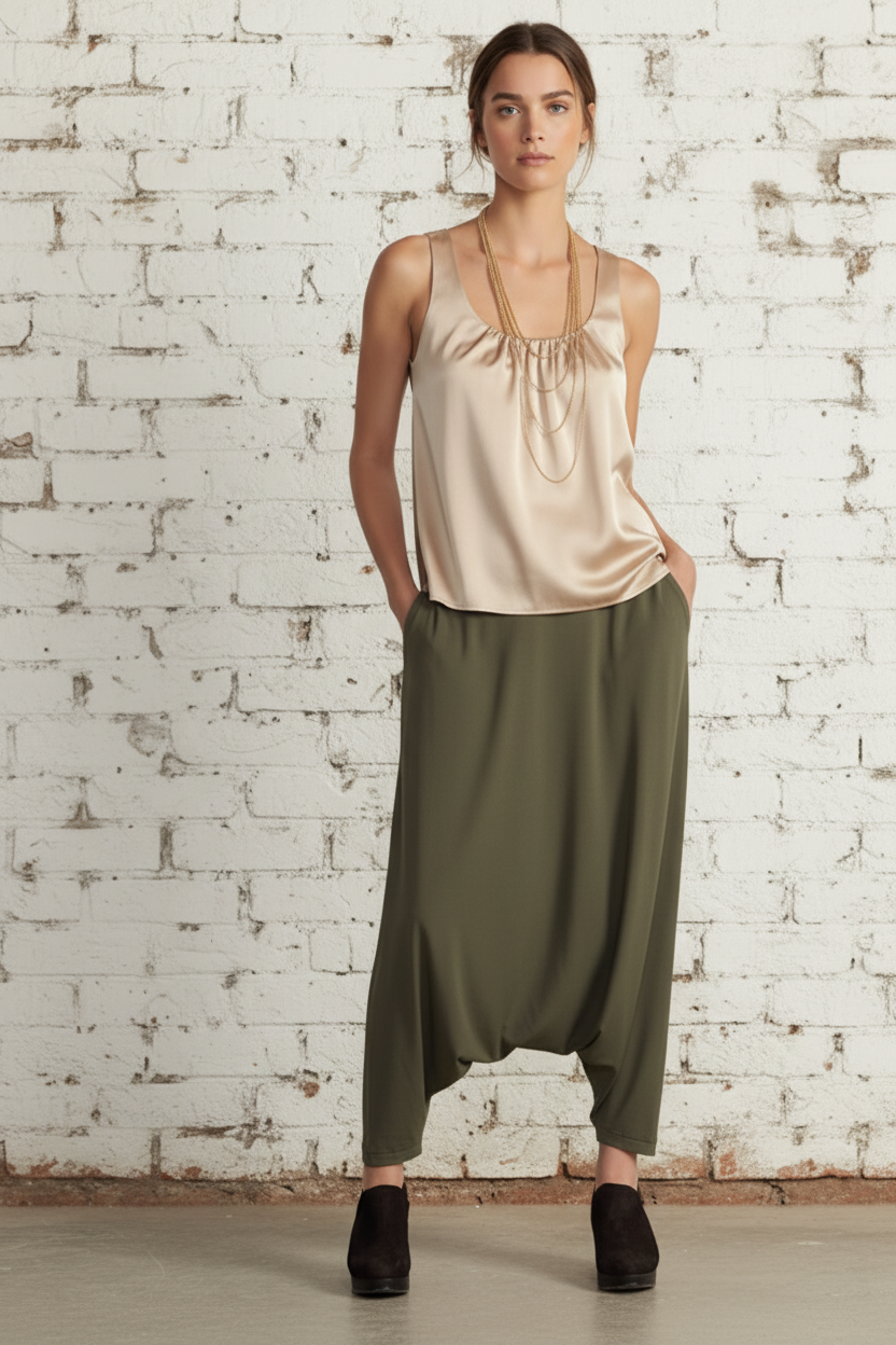 Spodnie KORA w stylu szarawarów, luźny wygodny krój, Made in Italy z elastanem, rozmiary 38–60